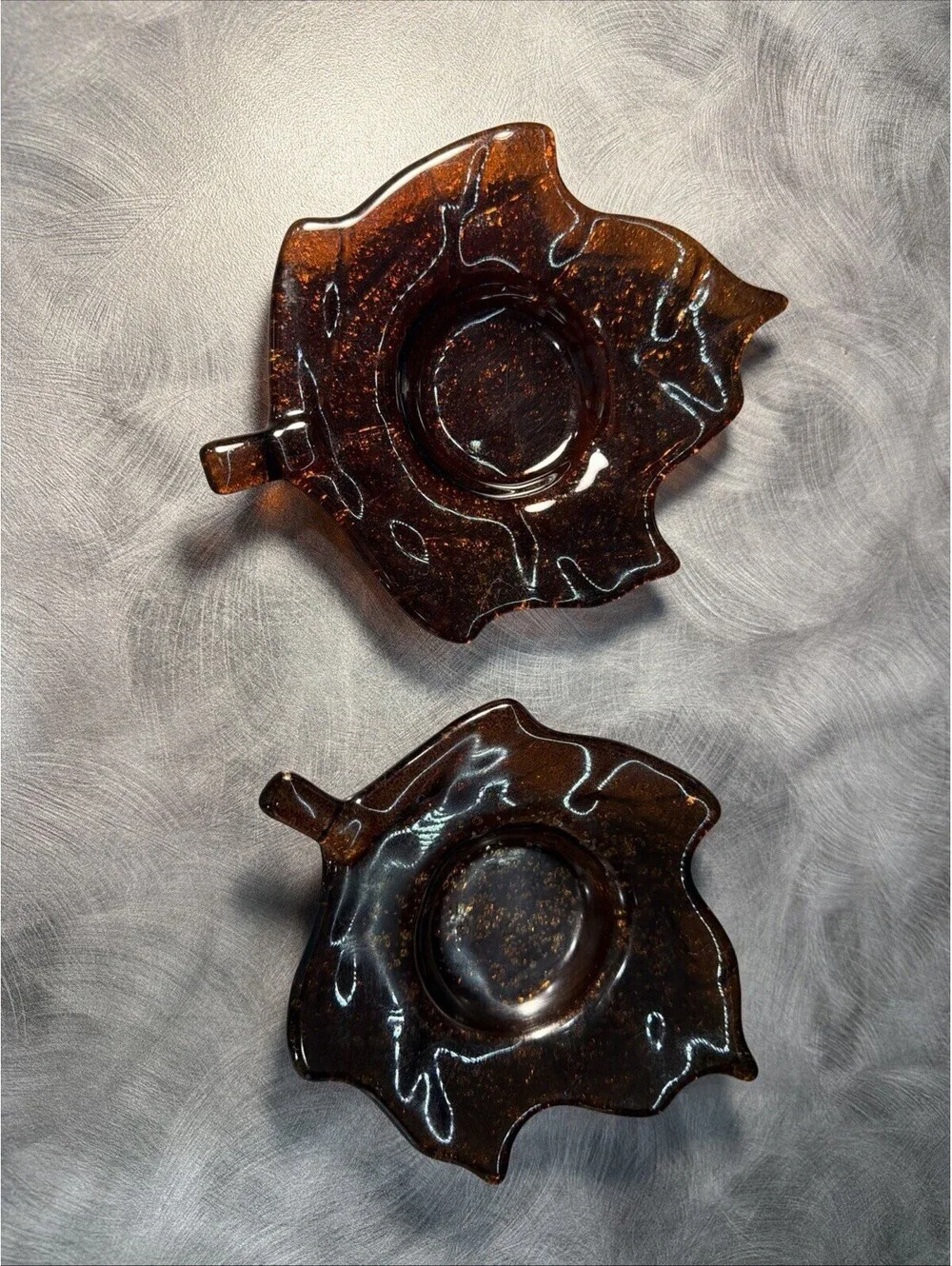 Maple Leaf Tea Light Holders Colored Glass Molded Bottoms Set/2 Fall Decor